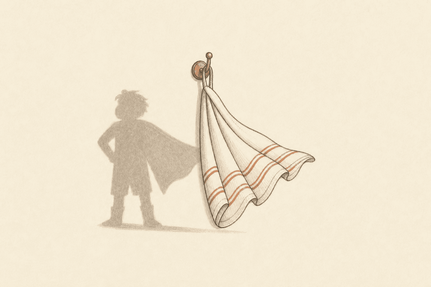 An ordinary dish towel on a hook, casting the shadow of a small caped hero