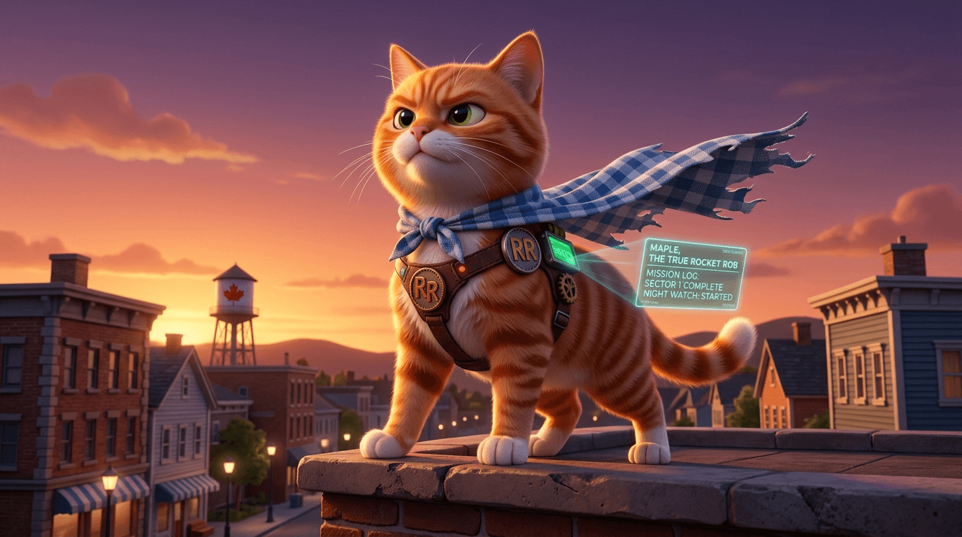 Maple, the orange tabby, in his tactical harness and dish-towel cape, surveying the neighborhood at dusk