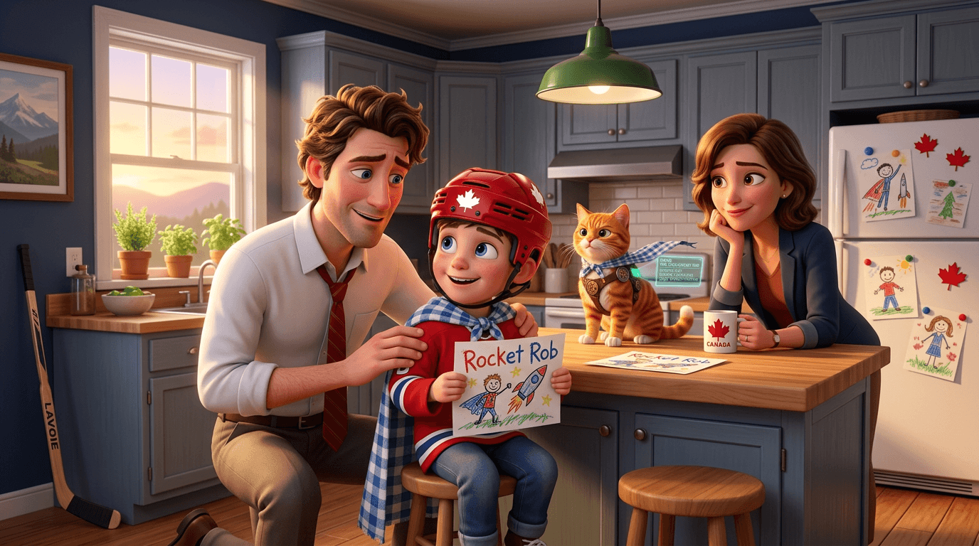 The Lavoie kitchen — Rob, Max, Claire, and Maple together with a crayon drawing