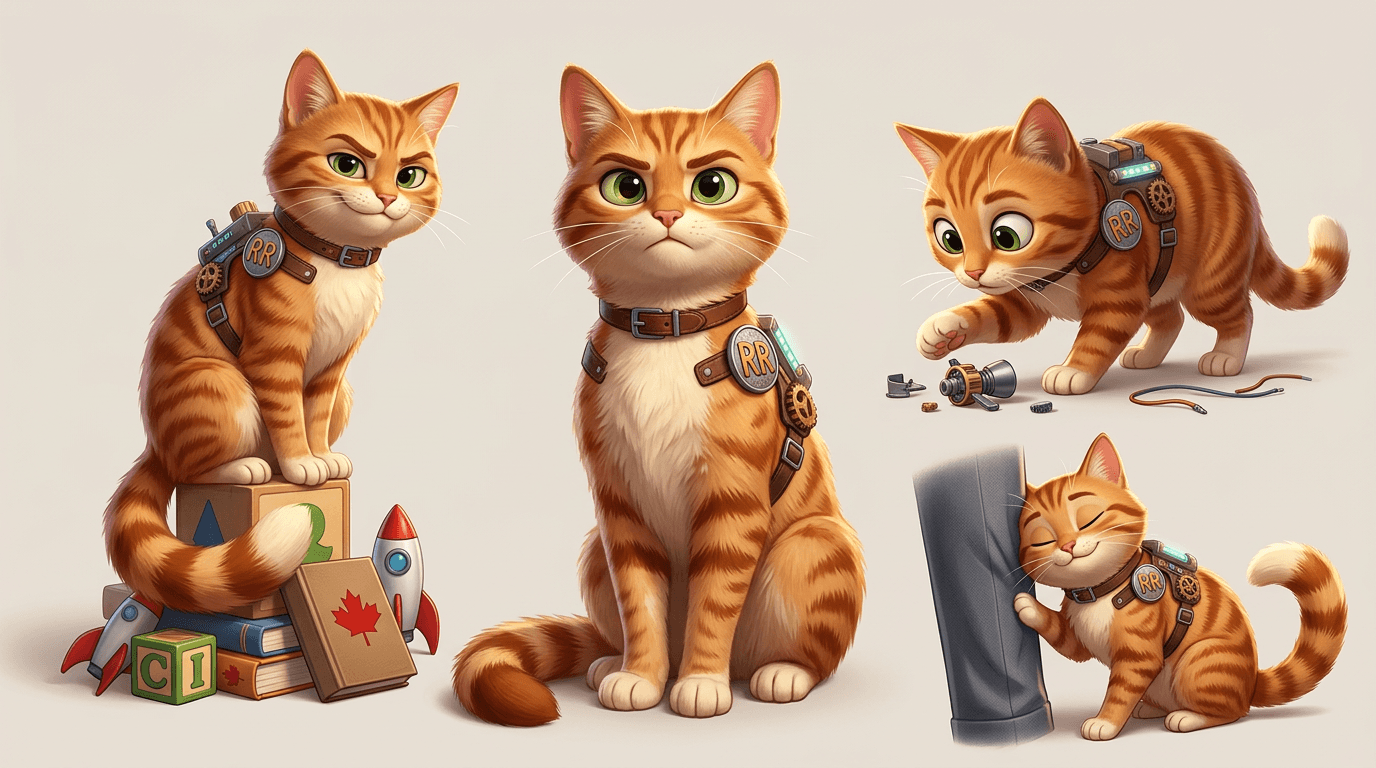 Maple character concept sheet — sitting, prowling, and inspecting his repurposed harness