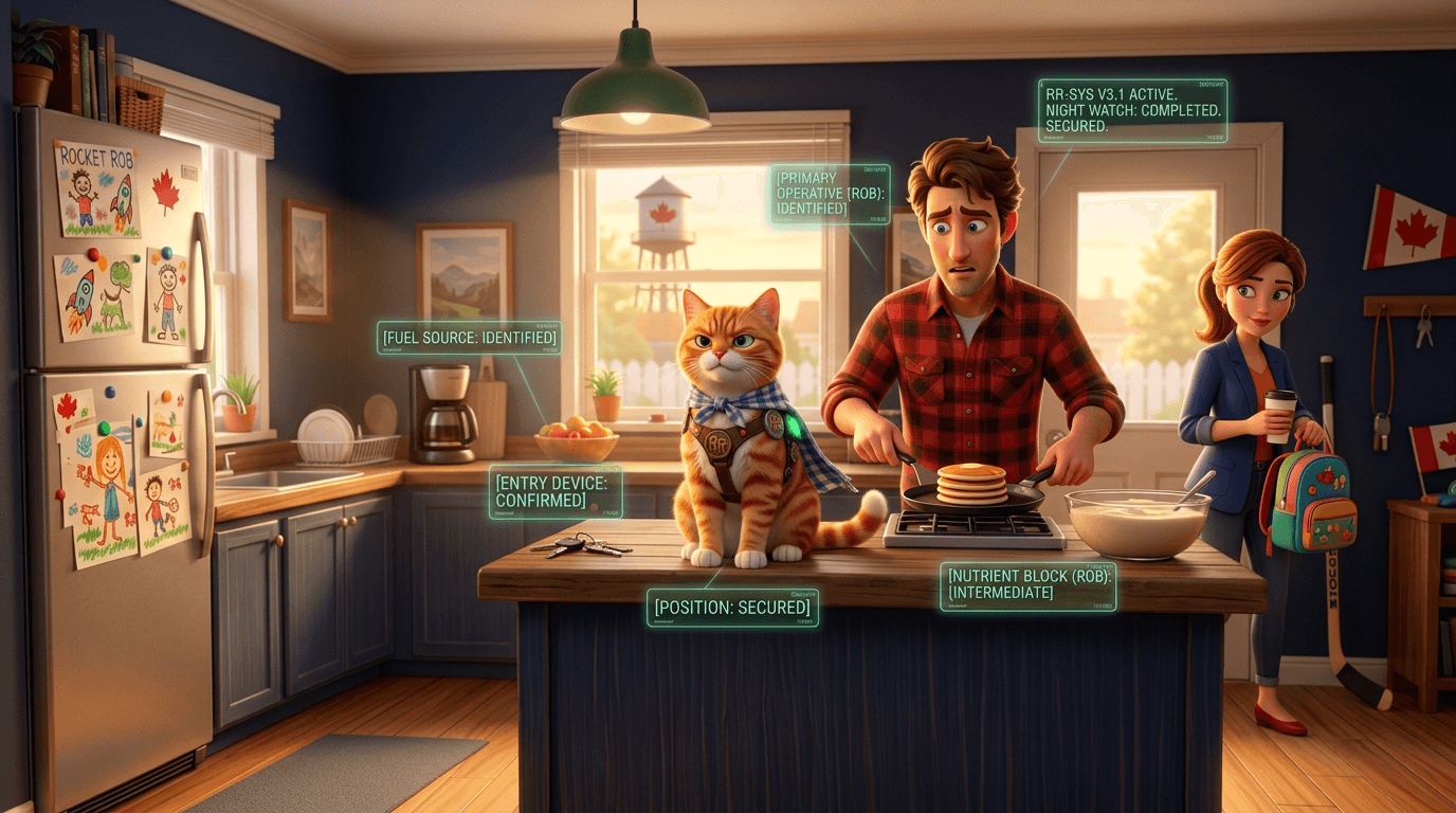 Maple holding his position on the kitchen counter while Rob cooks pancakes around him