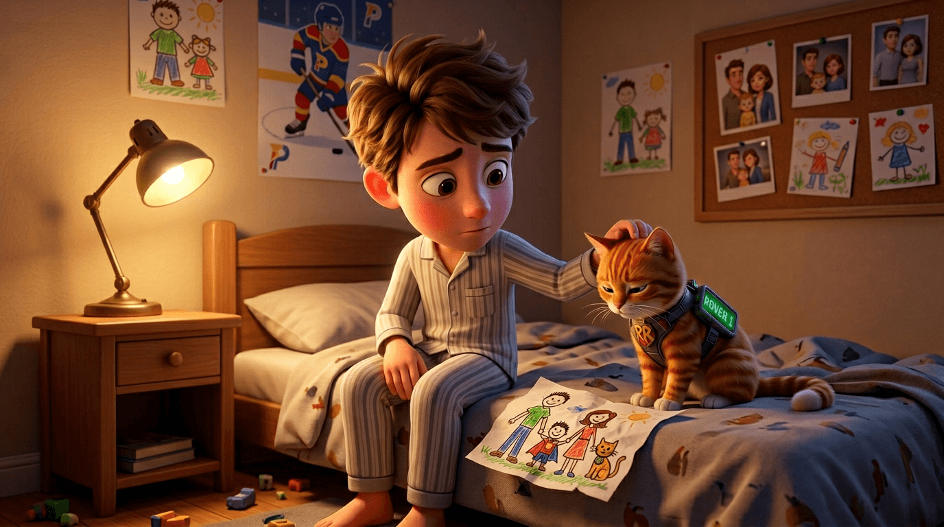 Maple sitting close beside Max on the bed, the tactical overlay dimmed to a single steady readout